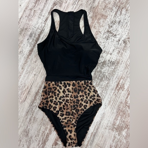 LEOPARD Print High Waisted Cutout Racerback Zip Up Swimwear - L - Picture 8 of 13